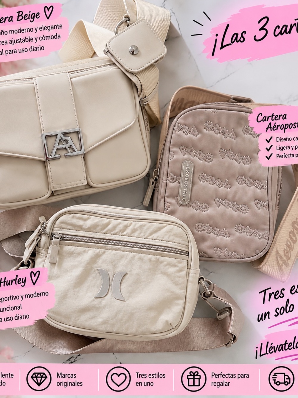 Aeropostale Beige & Cream 3-Piece Crossbody Bag Set
